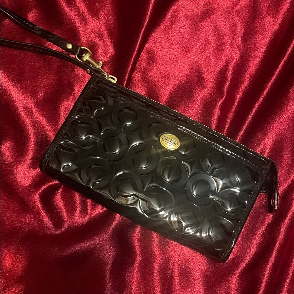 Coach Peyton Embossed Black Patent Wristlet